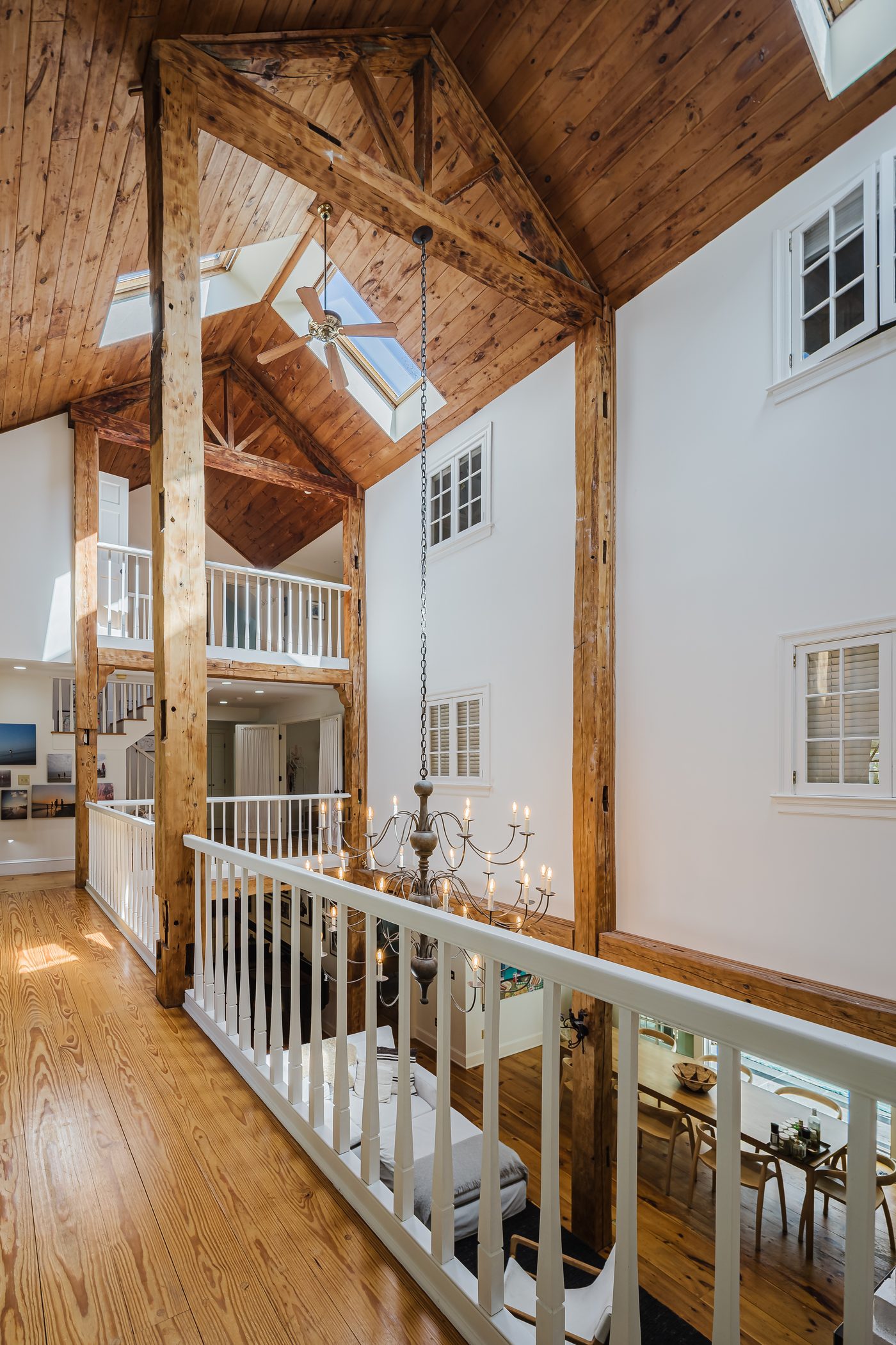 Timber-framed interior of a residence in Weston, Connecticut