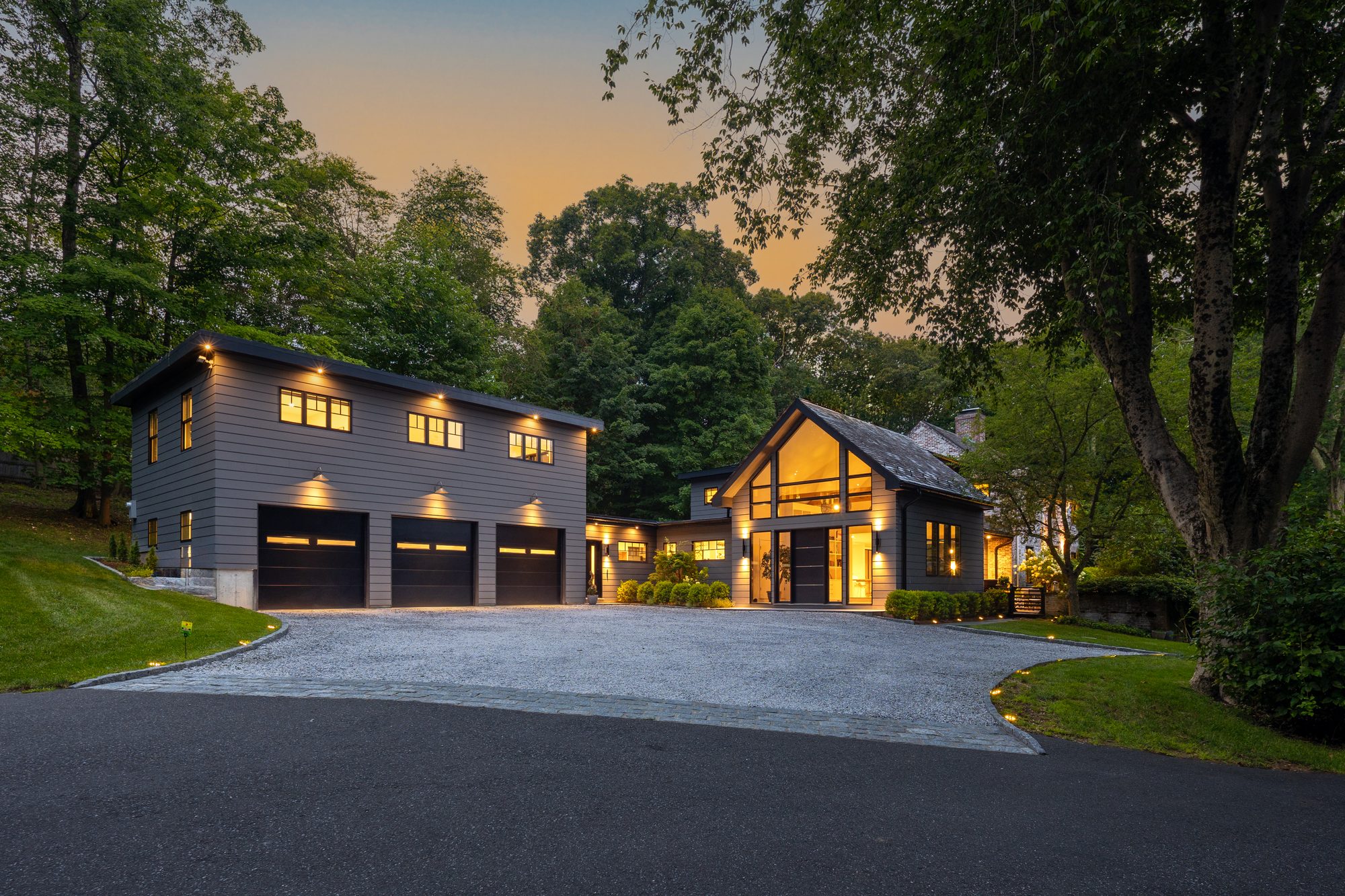 Twilight exterior of a residence in Westport, Connecticut